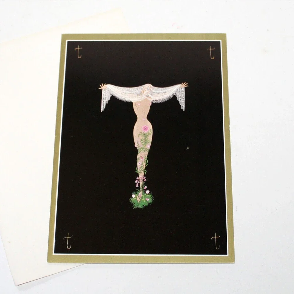 Erte Greeting Card Letter T Vintage blank black gold art vintage